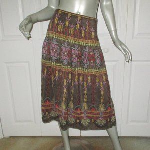 KENZIE Brown Floral Folk Print Metallic Accent Silk Midi Skirt